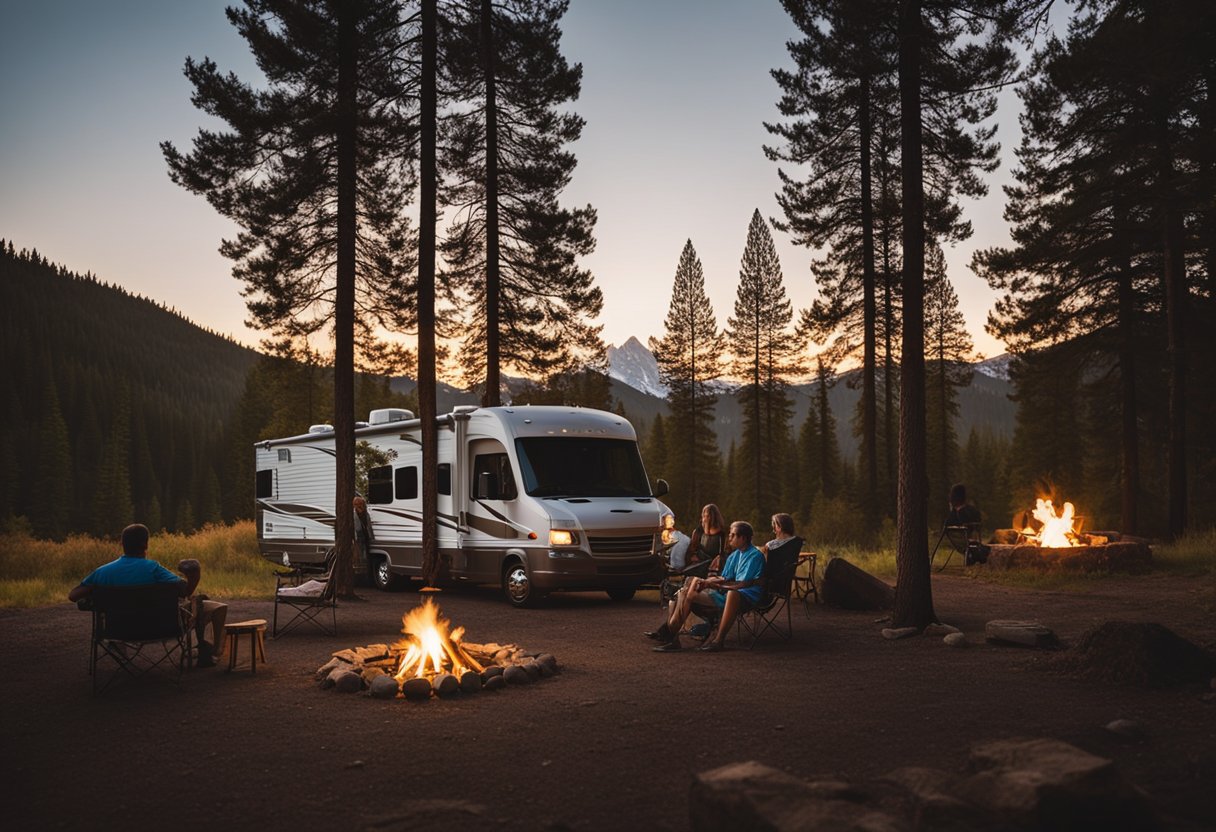 An RV parked in a scenic campground, surrounded by nature. A family sits around a campfire, roasting marshmallows and enjoying the outdoors