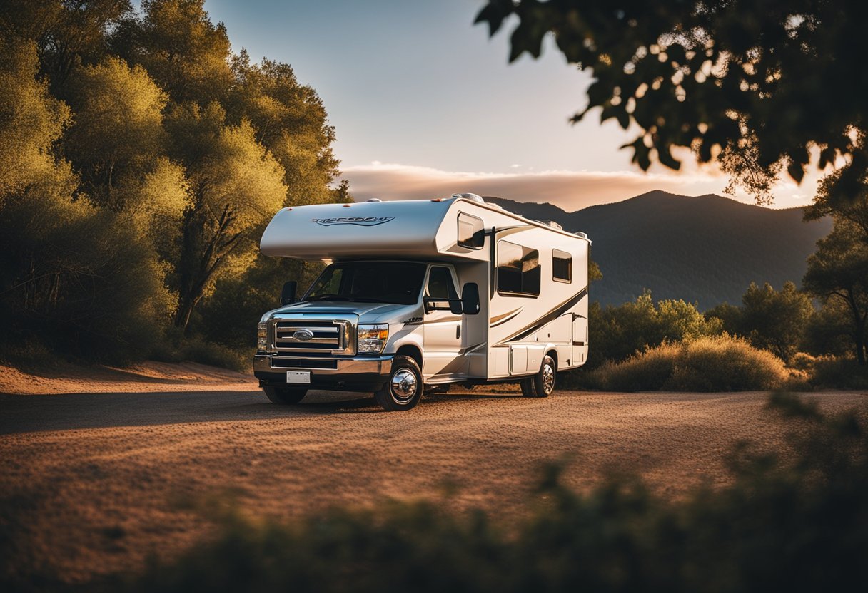 An RV parked in a scenic campground with a beautiful sunset in the background, showcasing the freedom and flexibility of long-term rentals