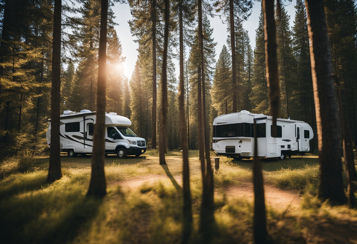 An RV parked in a scenic campground with a beautiful natural backdrop, showcasing the freedom and flexibility of long-term RV rentals