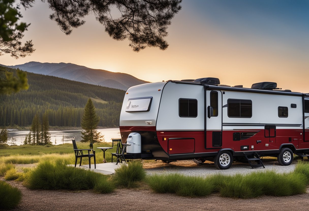 An RV parked in a scenic location with a sign listing the pros and cons of long-term rentals displayed prominently on a nearby bulletin board