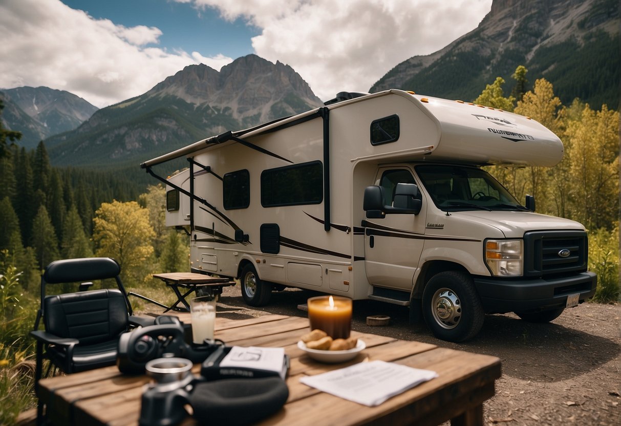 An RV parked in a scenic location with a checklist of "Top 10 Questions" on a table, surrounded by nature and outdoor adventure gear