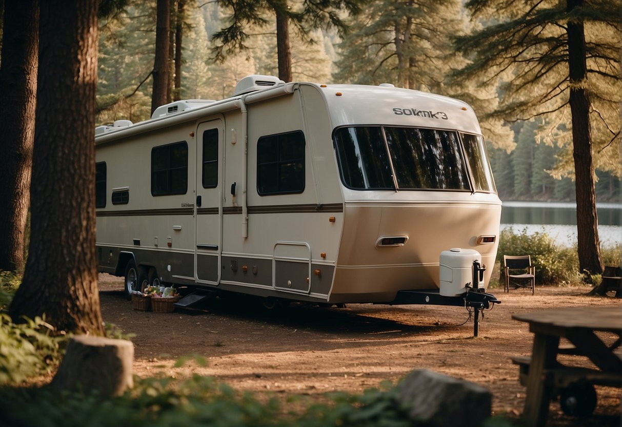A cozy RV parked in a scenic campground, surrounded by lush trees and a peaceful lake. A checklist of "Top 10 Questions" is displayed on a nearby picnic table