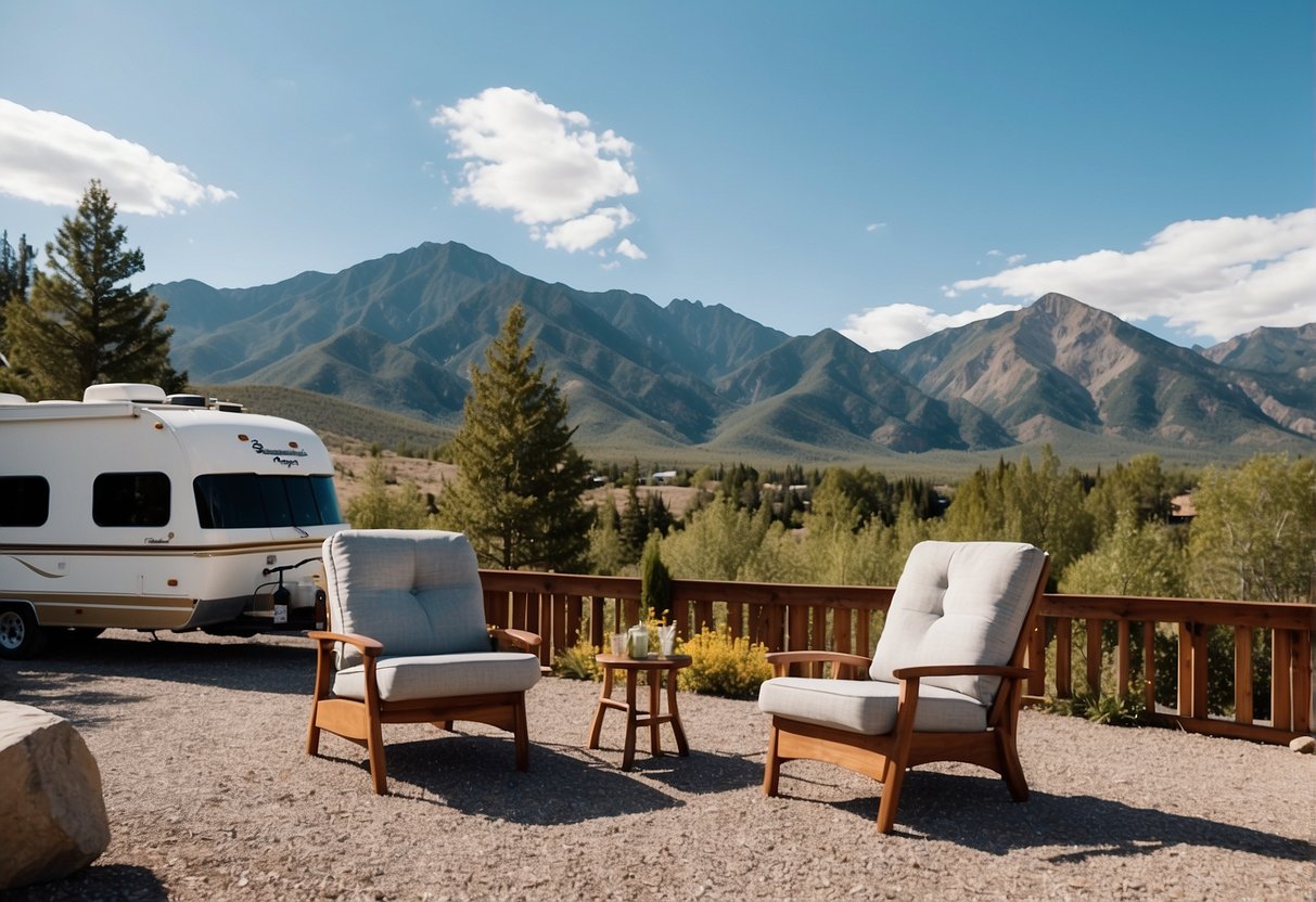 A serene RV park with mountains in the background, a cozy campfire, and a couple of outdoor chairs. A clear blue sky with a few fluffy white clouds completes the peaceful scene