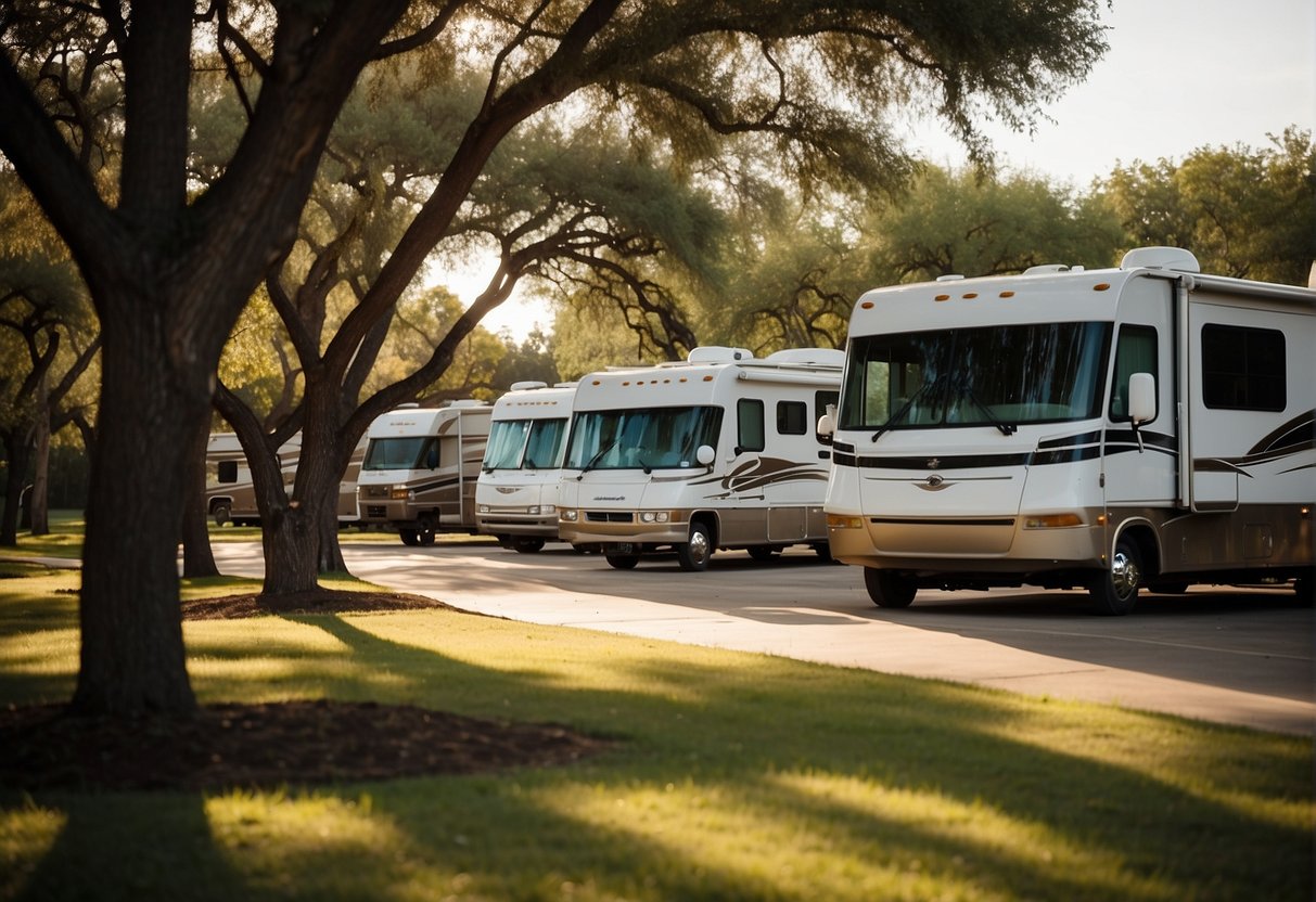 The scene depicts a diverse range of RVs parked in a spacious and well-maintained campground in Dallas, TX. The park is equipped with modern amenities and adheres to all legal and regulatory standards for long-term stays