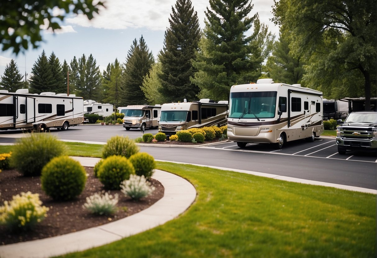A spacious RV park with level, paved sites and easy access to amenities such as laundry, Wi-Fi, and a fitness center. The park is surrounded by well-maintained landscaping and located near grocery stores and restaurants