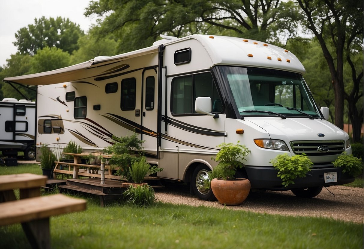 An RV parked at a well-maintained campground in Dallas, TX. Lush greenery surrounds the site, with amenities like water and electrical hookups available