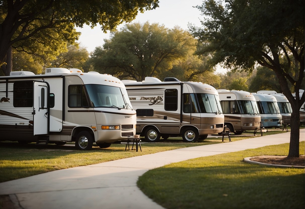 A bustling RV park in Dallas, TX, with neatly lined up trailers, communal gathering areas, and a strong sense of community among the long-term residents
