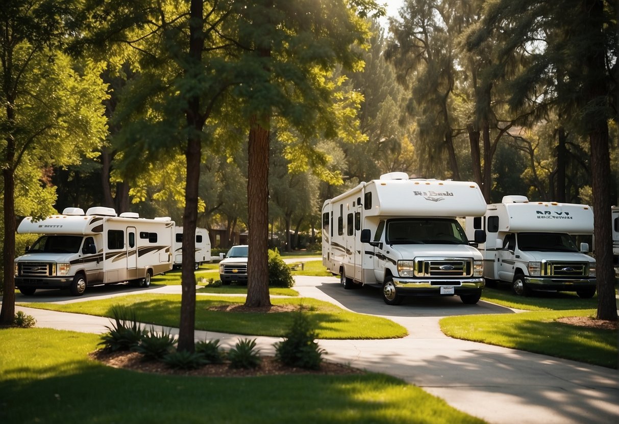 An RV park with well-maintained utilities, including water, electricity, and sewage hookups. A variety of RVs parked in spacious and organized sites, surrounded by trees and well-kept landscaping