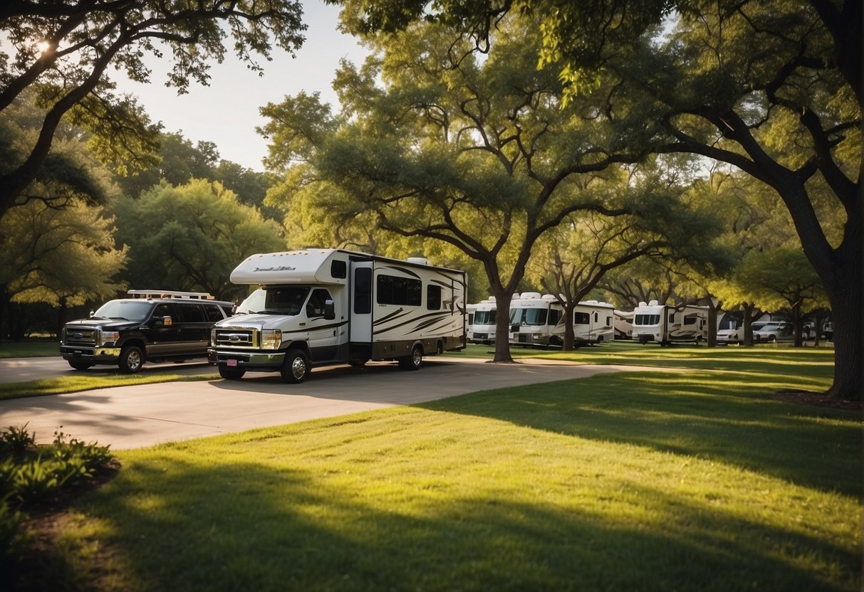 A serene RV park nestled among lush trees and rolling hills, with spacious lots and modern amenities, offering a peaceful retreat for long-term stays in Dallas, TX