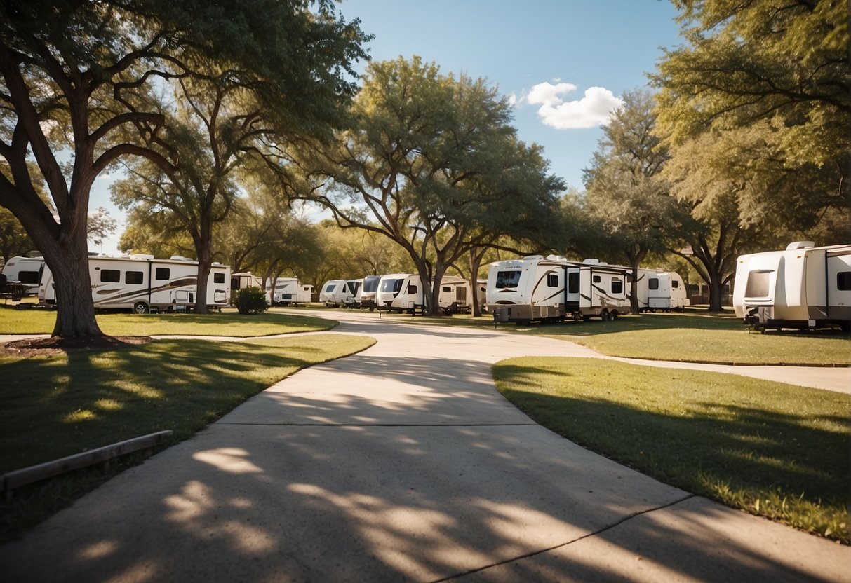 A sunny day at a spacious RV park in Dallas, TX. A variety of amenities such as hookups, recreational facilities, and well-maintained grounds