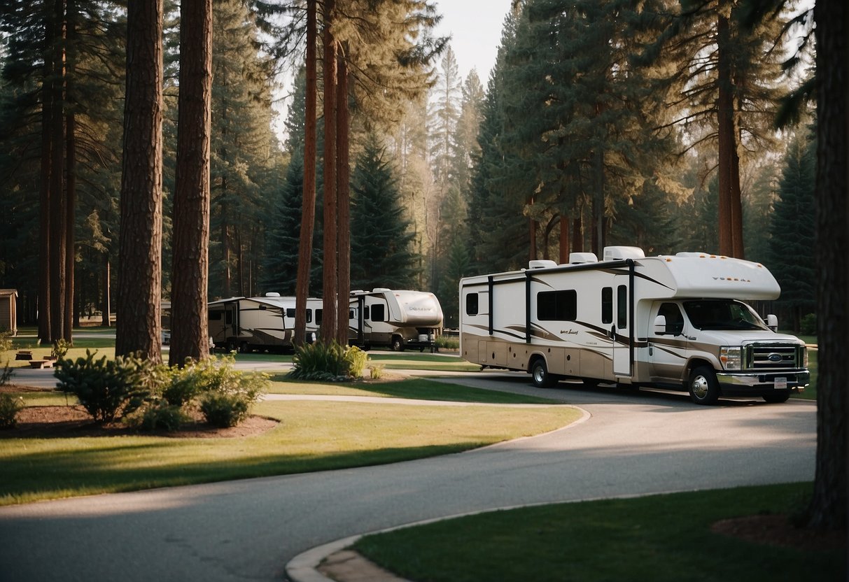 A serene RV park nestled among tall trees and manicured lawns, with spacious lots, modern amenities, and a peaceful atmosphere