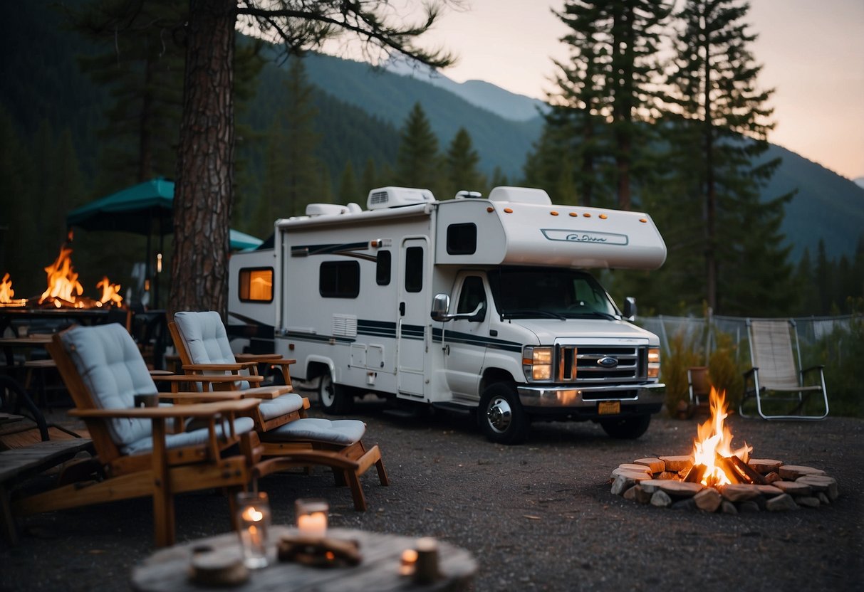 An RV parked in a scenic campground with a backdrop of mountains and trees, a cozy outdoor seating area, and a small campfire burning