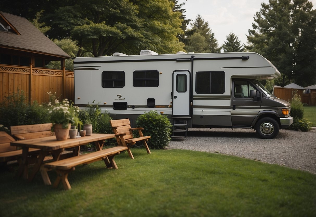 A cozy RV parked next to a suburban house, with a price comparison chart displayed on a table. The RV is surrounded by lush greenery, while the house is nestled in a peaceful neighborhood