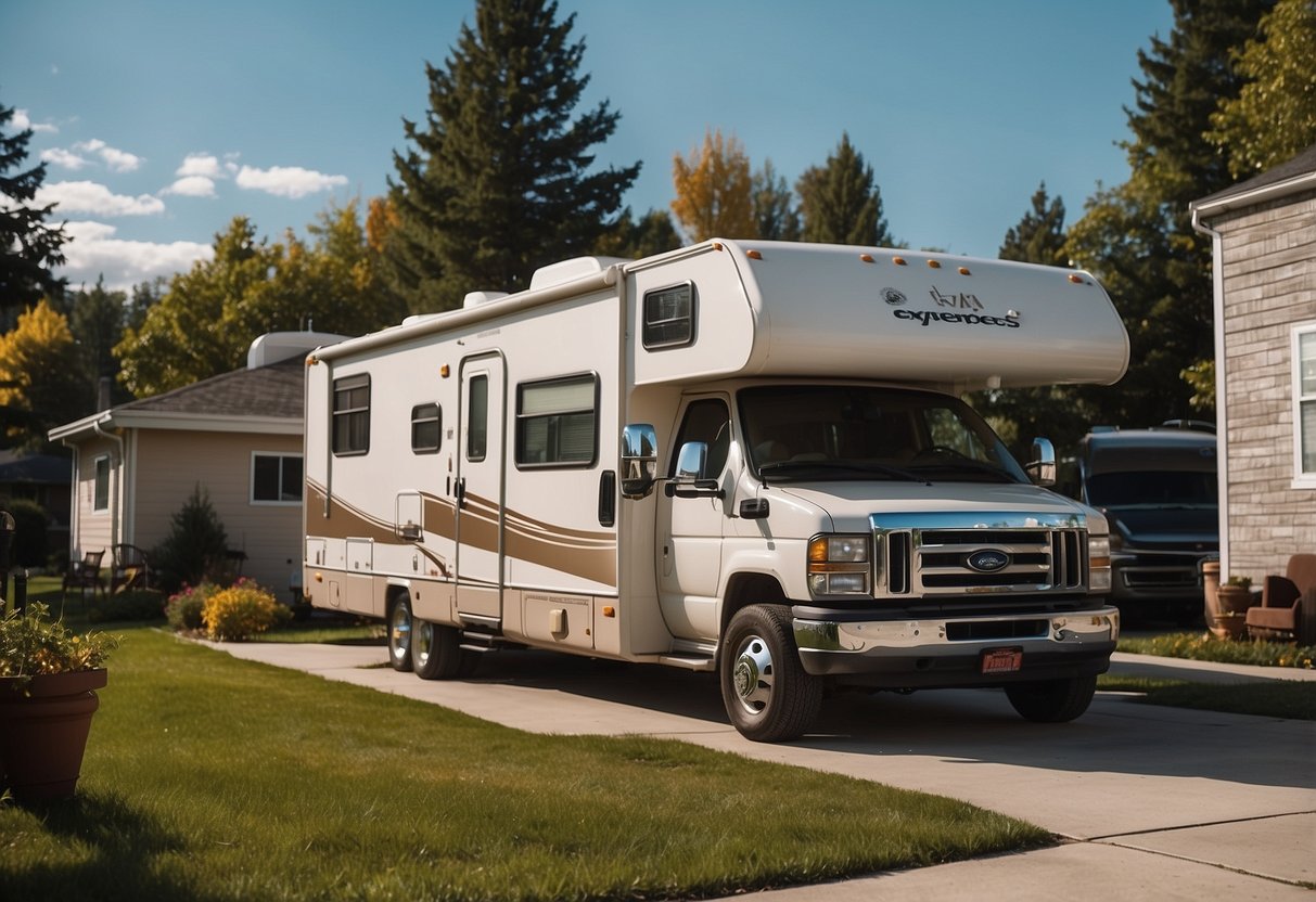 An RV parked next to a suburban house, with a comparison of monthly expenses listed on a table