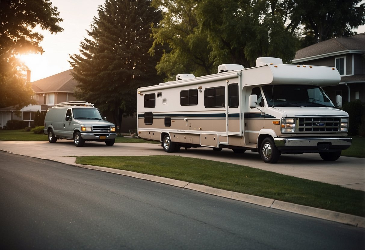 An RV parked next to a suburban house, with a comparison chart showing cost savings