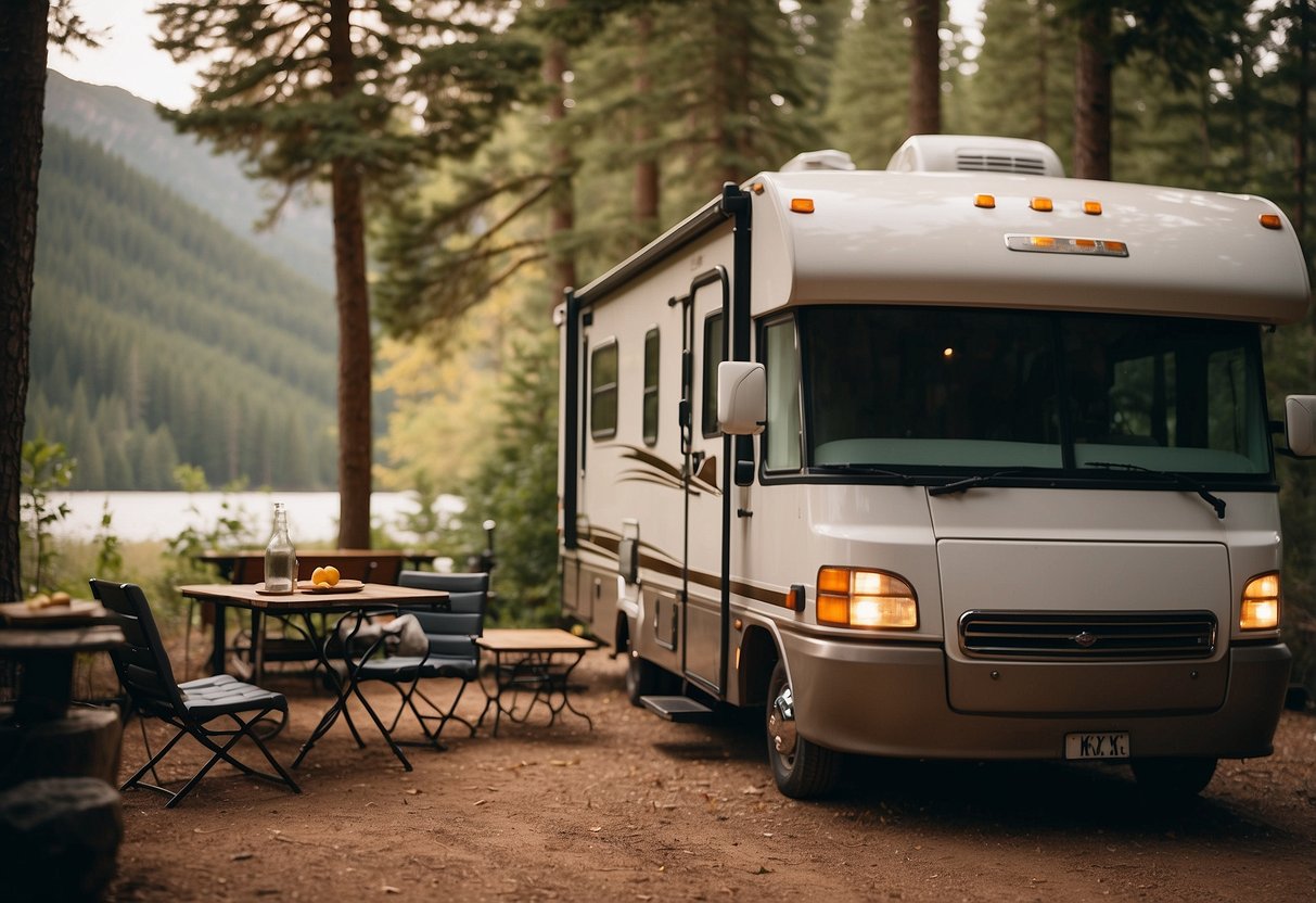 A cozy RV parked in a scenic campground, surrounded by nature and with a small outdoor seating area. The setting is peaceful and idyllic, with the RV representing a simpler and more affordable lifestyle option