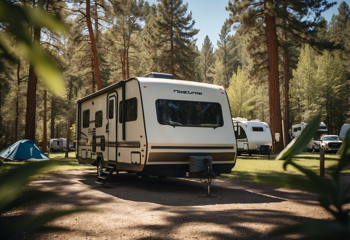 An RV parked in a scenic campground with a backdrop of lush trees and a clear blue sky, surrounded by other RVs and outdoor recreational equipment