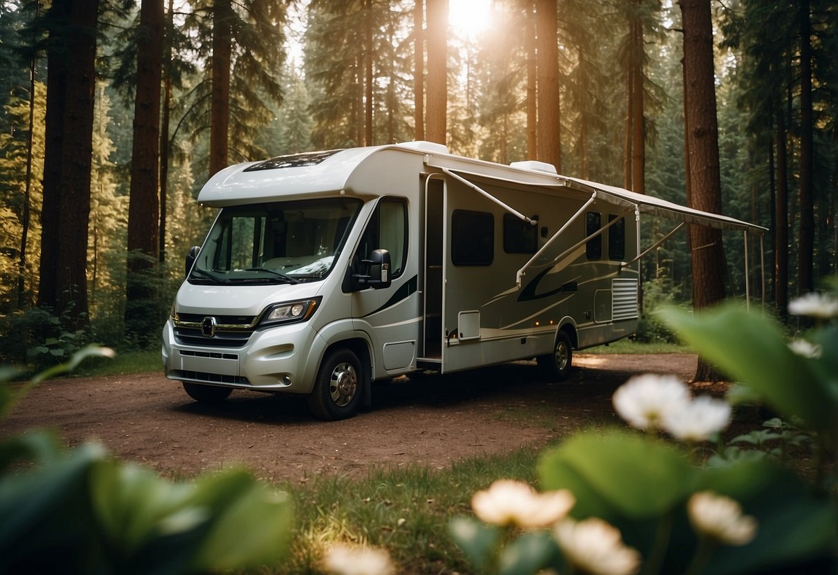 A small RV parked in a lush, green campground surrounded by tall trees and a serene lake, with solar panels on the roof and a small garden outside