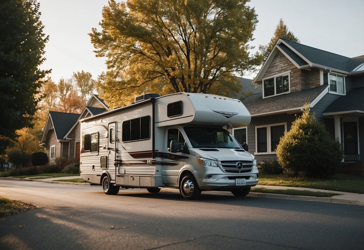 A modern RV parked next to a traditional house on a suburban street, showcasing the contrast in lifestyle and living expenses in the US