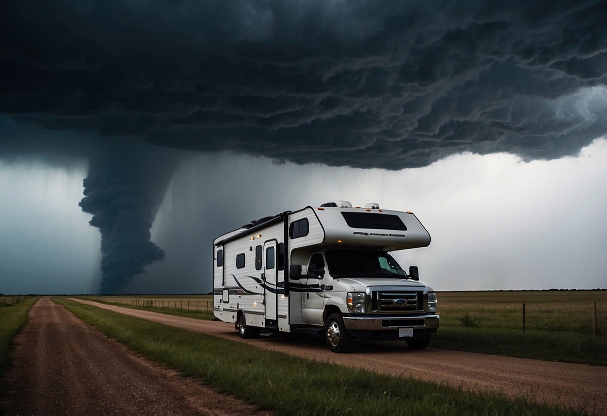 A sturdy RV parked in a Texas landscape, with dark storm clouds looming overhead and a tornado in the distance. The RV is equipped with solar panels and reinforced windows, ready to face the unpredictable Texas weather and natural disasters