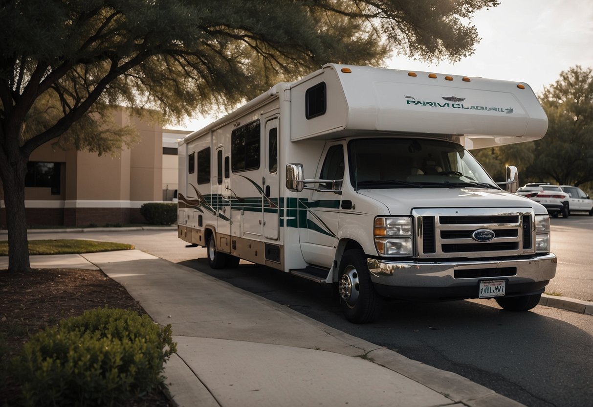 A Texas RV parked near a hospital with emergency supplies and medical equipment being loaded into the vehicle