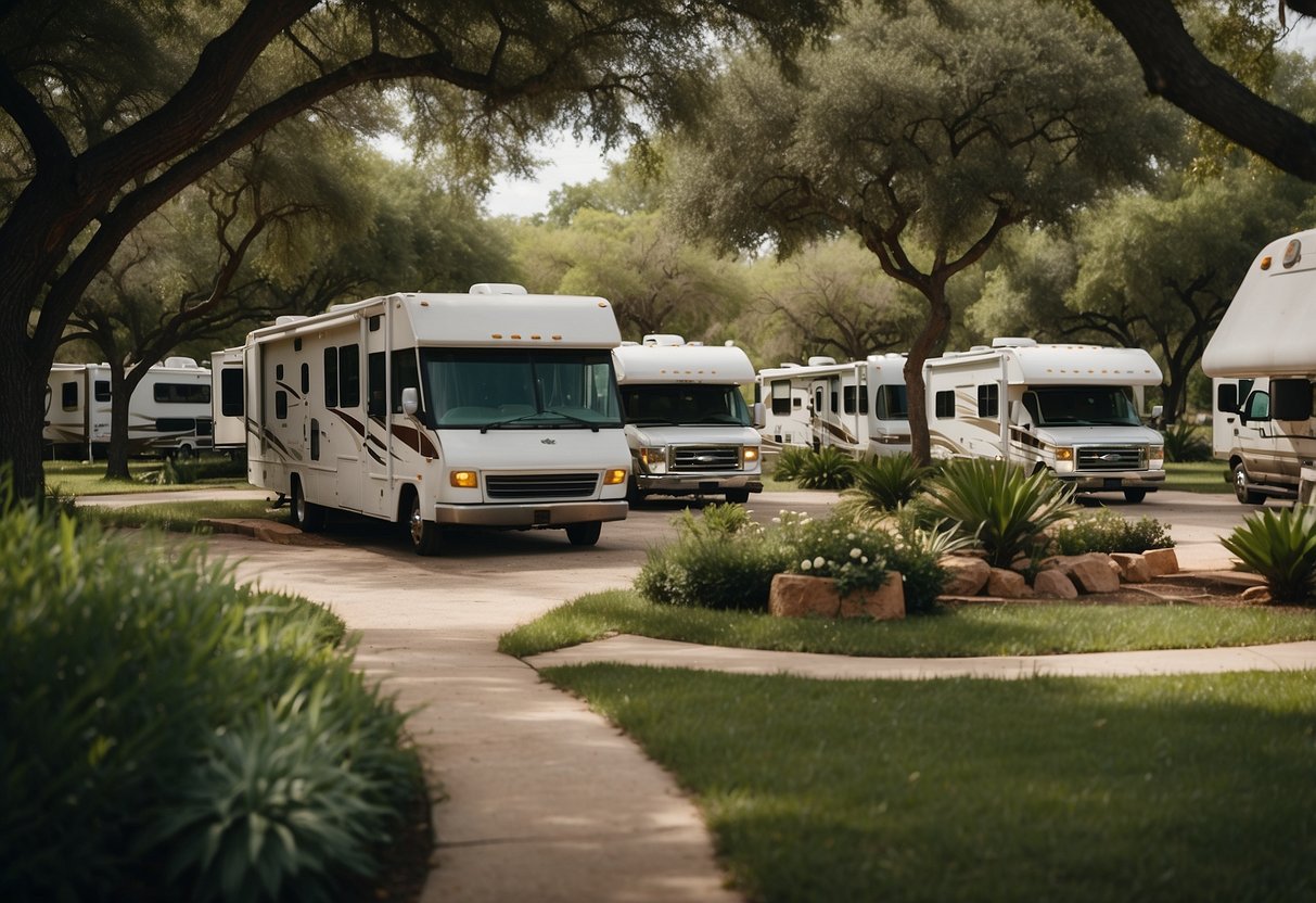 A Texas RV park with water-saving features and designated waste disposal areas. Lush greenery surrounds the park, and RVs are seen conserving water