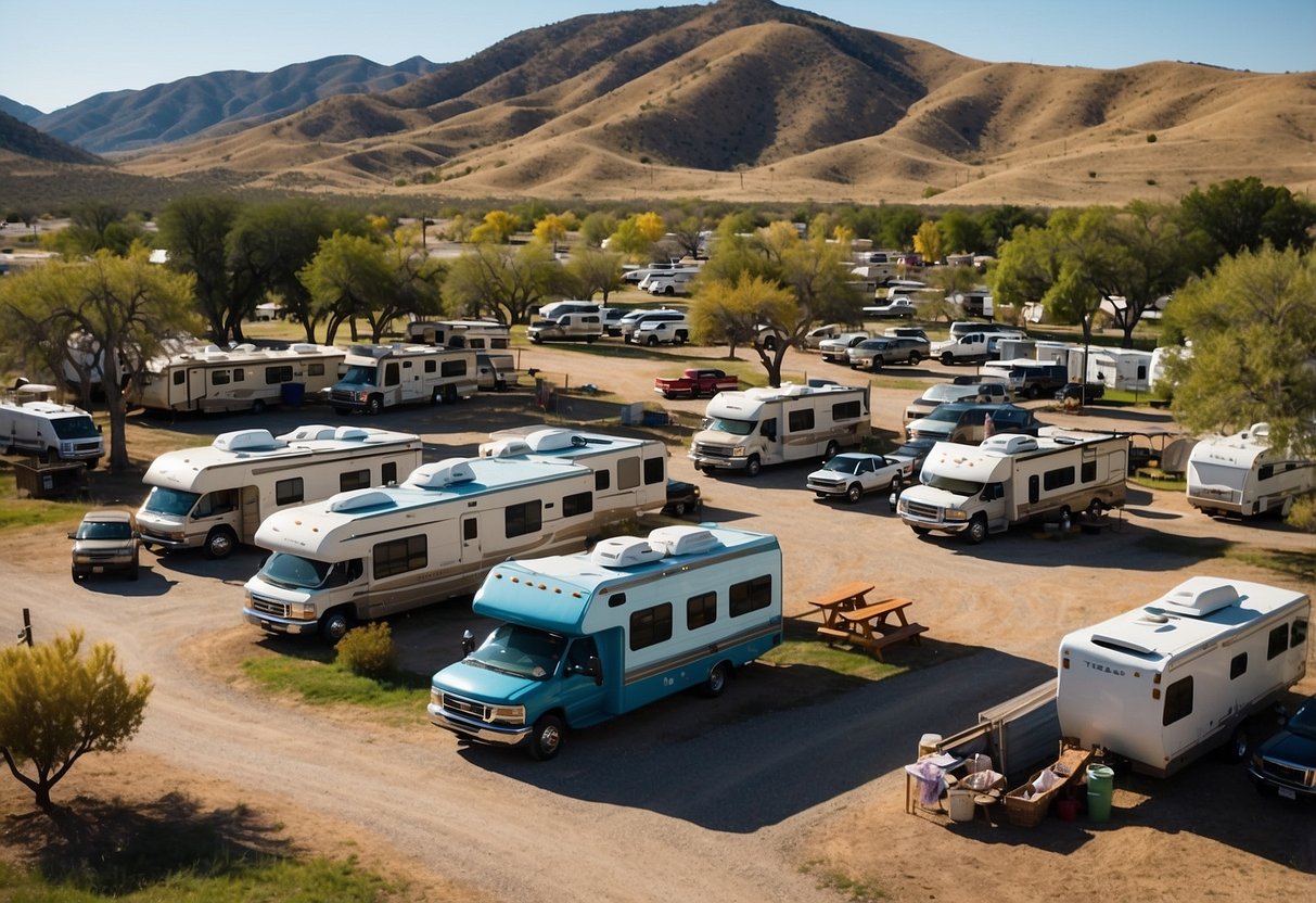 A bustling RV park with colorful vehicles, communal picnic areas, and people socializing outdoors. The Texas landscape is visible in the background, with rolling hills and a clear blue sky