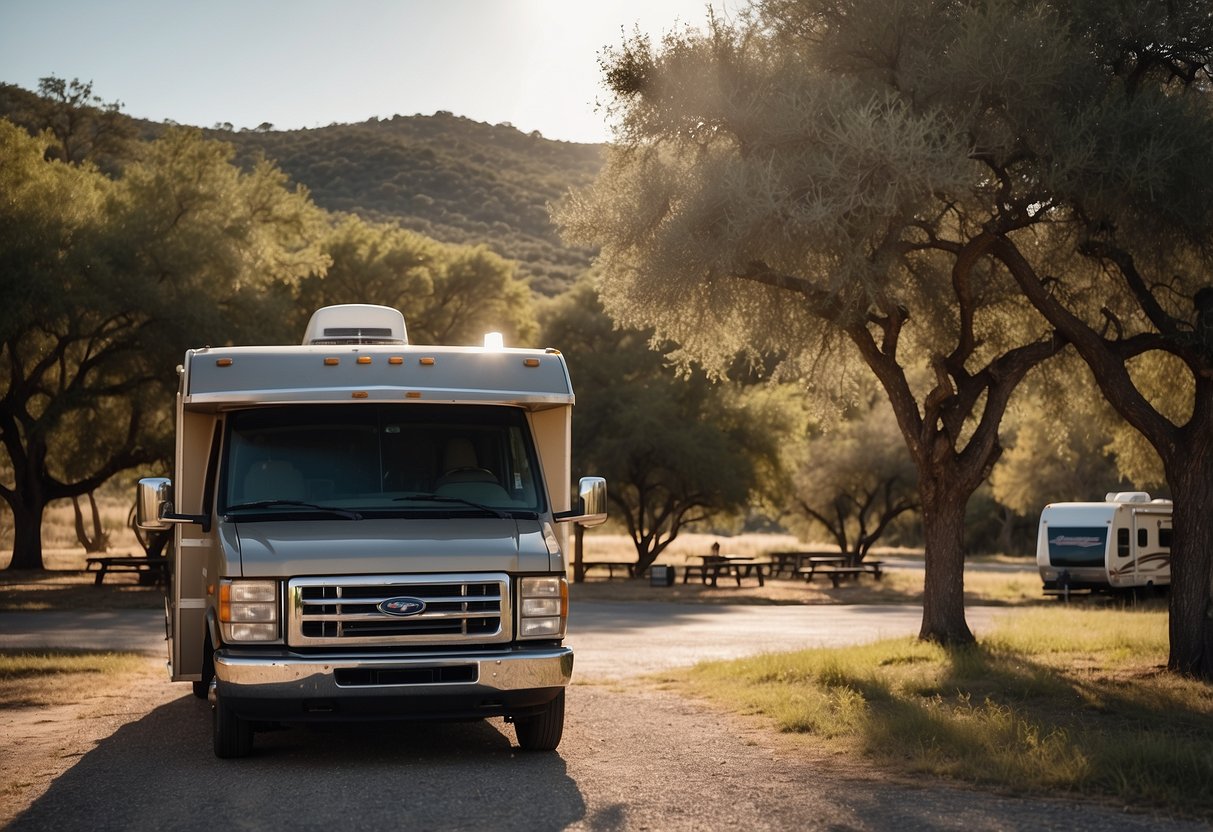 A recreational vehicle parked in a designated RV area, with clear signage displaying Texas RV laws and regulations. Surrounding landscape includes typical Texas scenery