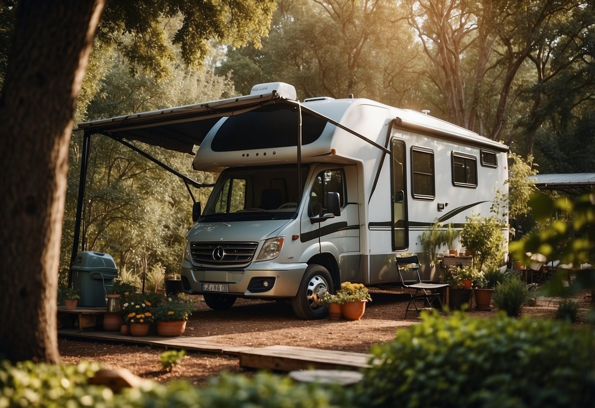 A modern RV parked under a canopy of trees, with solar panels on the roof and a composting toilet beside it. A small garden with herbs and vegetables is thriving nearby