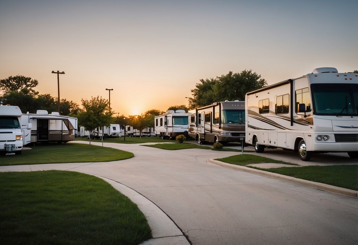 A serene RV park nestled in the Texas countryside, with lush greenery and modern amenities, offering a peaceful and convenient long-term stay experience near Dallas