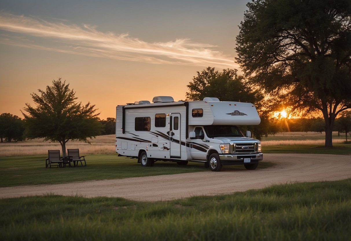 An RV parked in a spacious, well-maintained campground near Dallas, TX. The sun sets behind the rolling hills as the RV is connected to all-inclusive utilities, providing a comfortable and convenient long-term stay