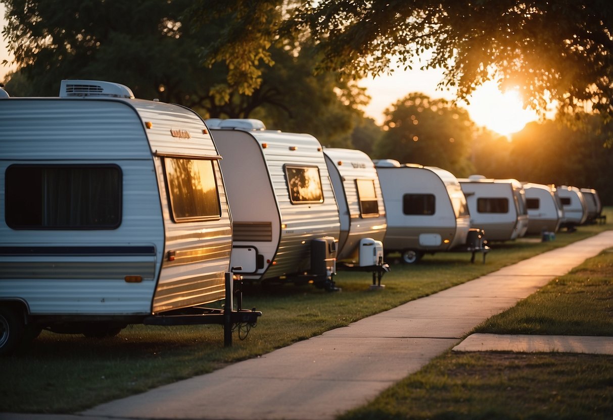 The sun sets behind a row of RVs, nestled in a peaceful park near Dallas, TX. A cozy atmosphere with all-inclusive amenities offers a serene long-term stay option