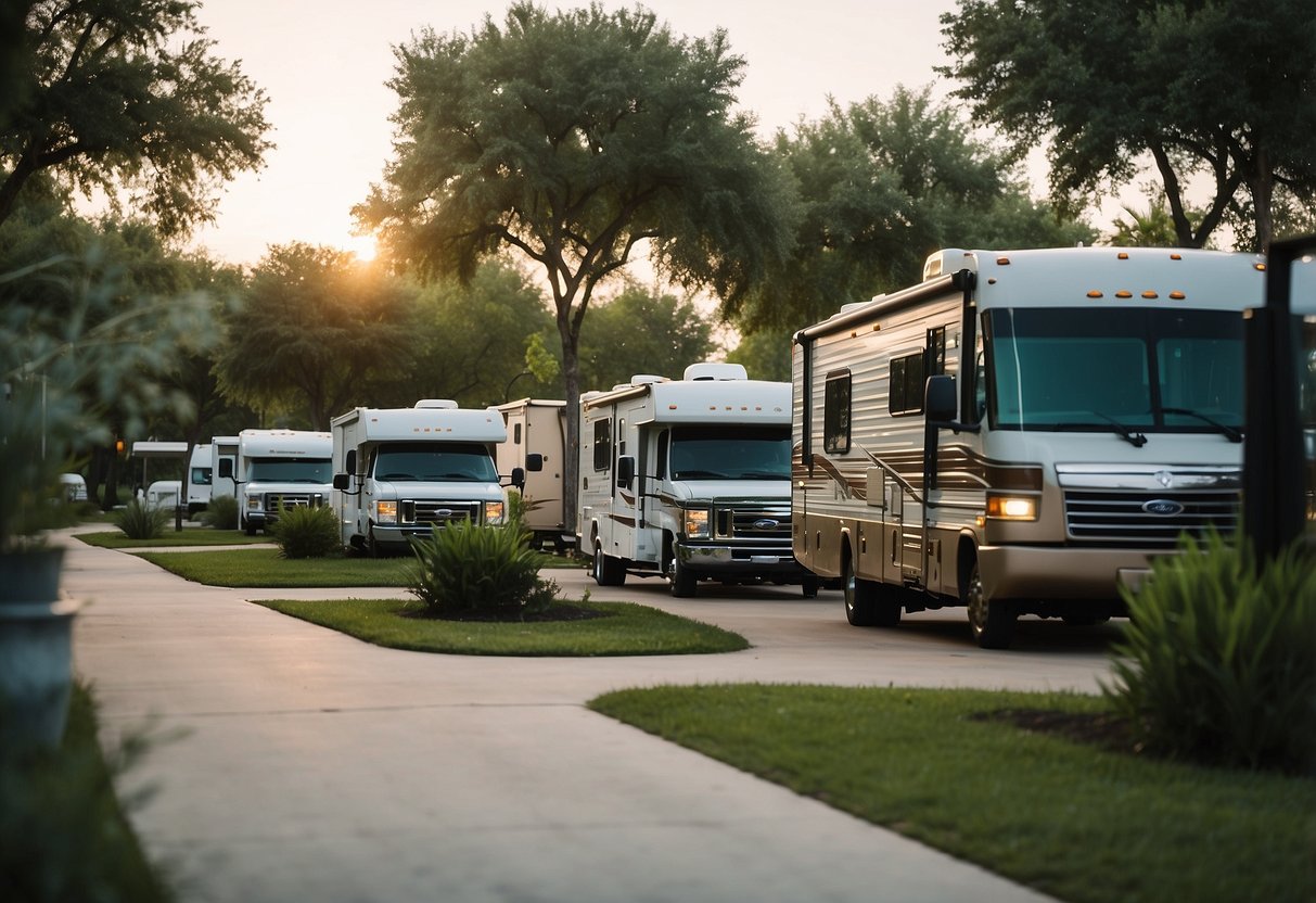 A serene RV park nestled in the outskirts of Dallas. A row of RVs with all-inclusive bills, surrounded by lush greenery and a tranquil atmosphere