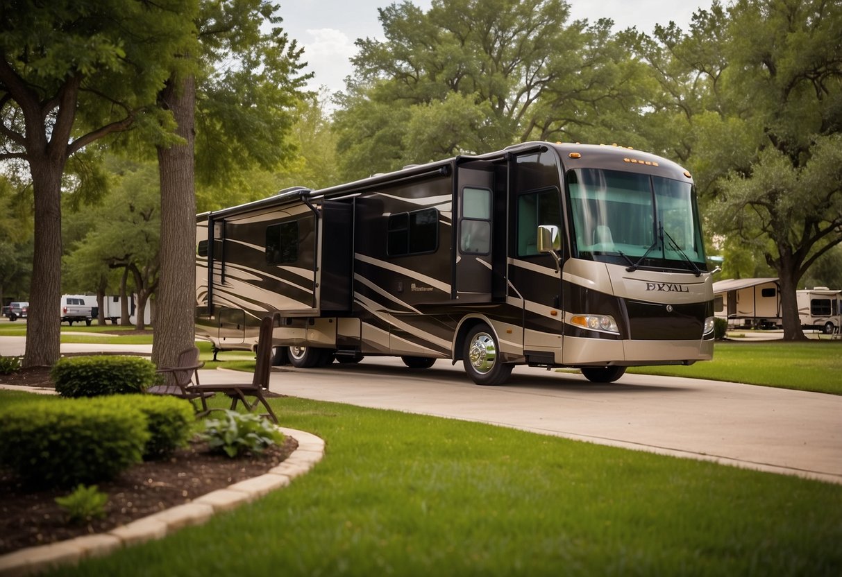 An RV parked in a spacious and well-maintained all-inclusive RV park, surrounded by lush greenery and modern amenities near Dallas, TX