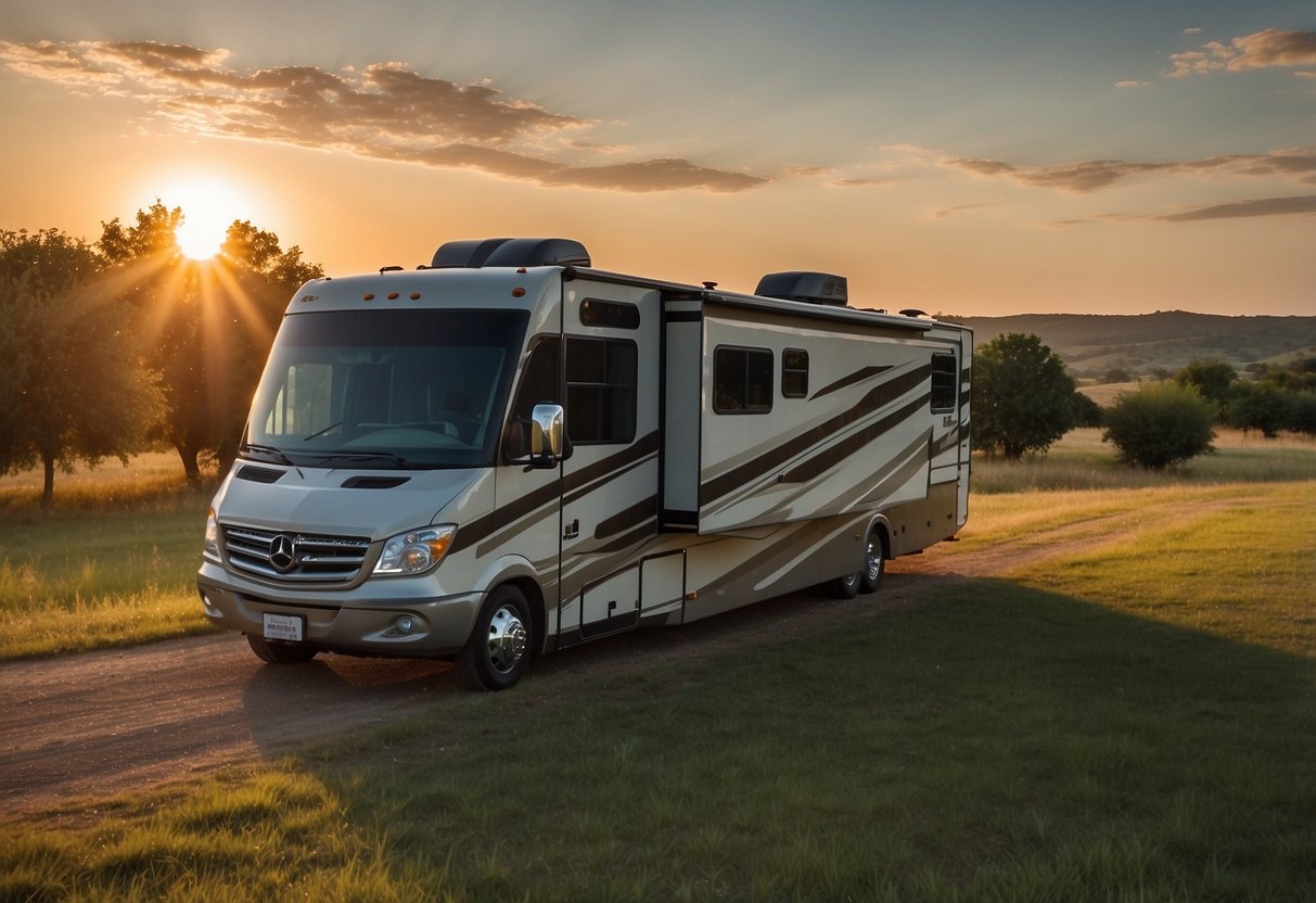 A spacious RV parked under a big Texas sky, surrounded by rolling hills and lush greenery. A family of deer grazes peacefully nearby as the sun sets in the distance