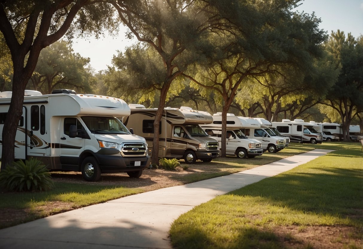 A serene RV park nestled in the Texas countryside, with lush greenery, spacious lots, and modern amenities like water, electricity, and sewer included in the rent