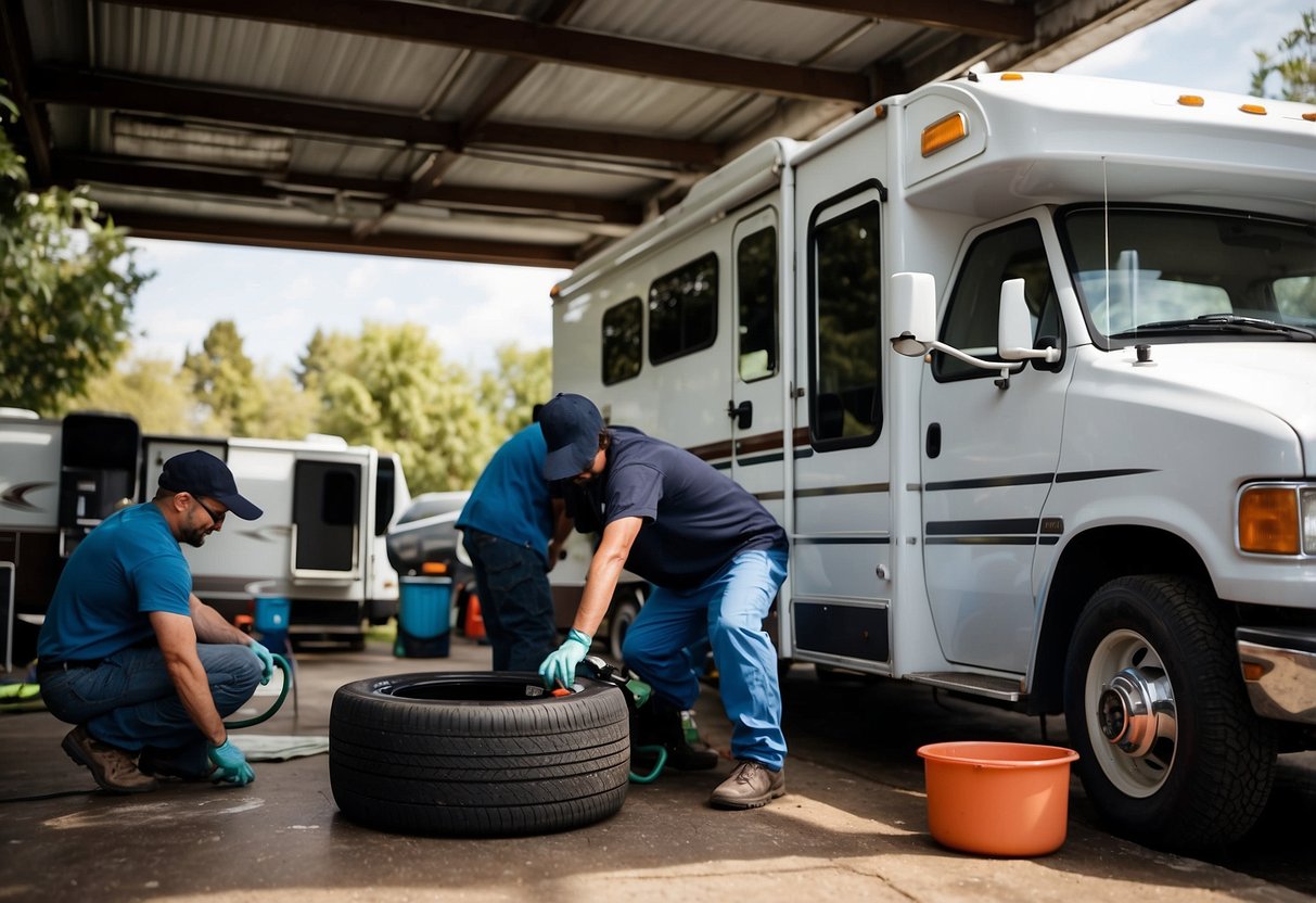 An RV parked under a shaded area with a technician performing maintenance on the engine, while another person is cleaning the exterior and a third person is inspecting the tires