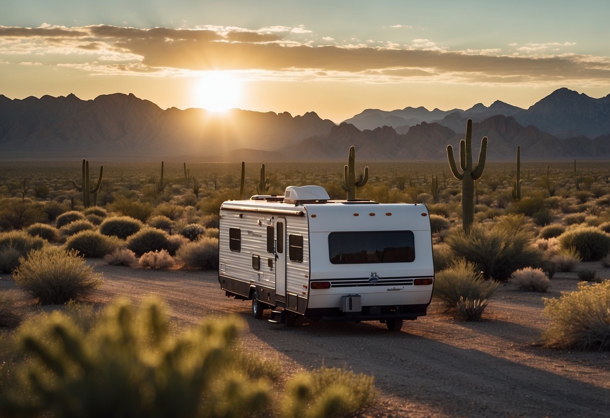 A lone RV travels through vast Texas desert, passing rugged canyons and cacti. The warm sun sets behind a silhouette of distant mountains