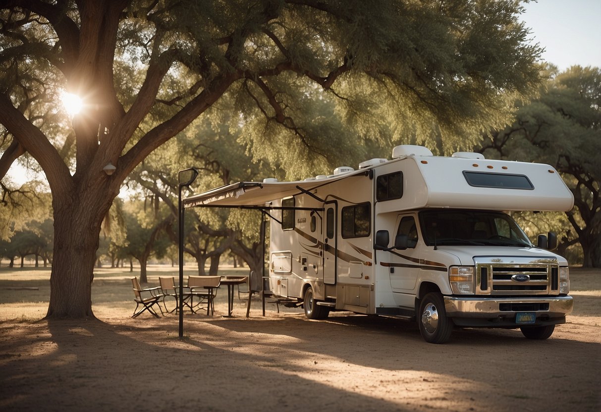 An RV parked under a shady tree in the Texas heat, with a fan and awning providing relief. Sunscreen and water bottles are visible