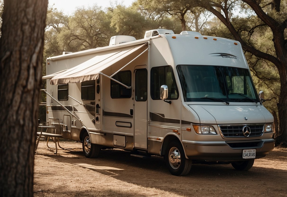 A Texas RV sits in a picturesque campsite, surrounded by rolling hills and tall trees. A satellite dish is attached to the roof, and a laptop and smartphone are visible through the window, indicating a strong internet and communication connection