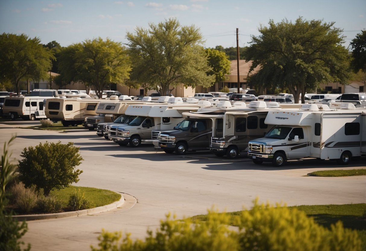 A bustling Texas RV park with community center, laundry facilities, and local support services for long-term residents