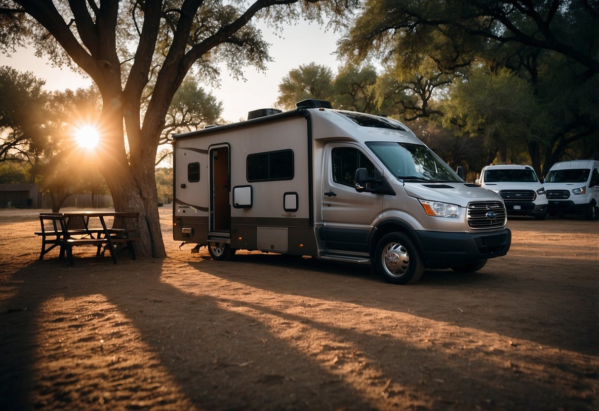 An RV parked in a Texas campground, with solar panels on the roof and LED lights inside. A smart thermostat controls the temperature, while a power management system efficiently distributes energy