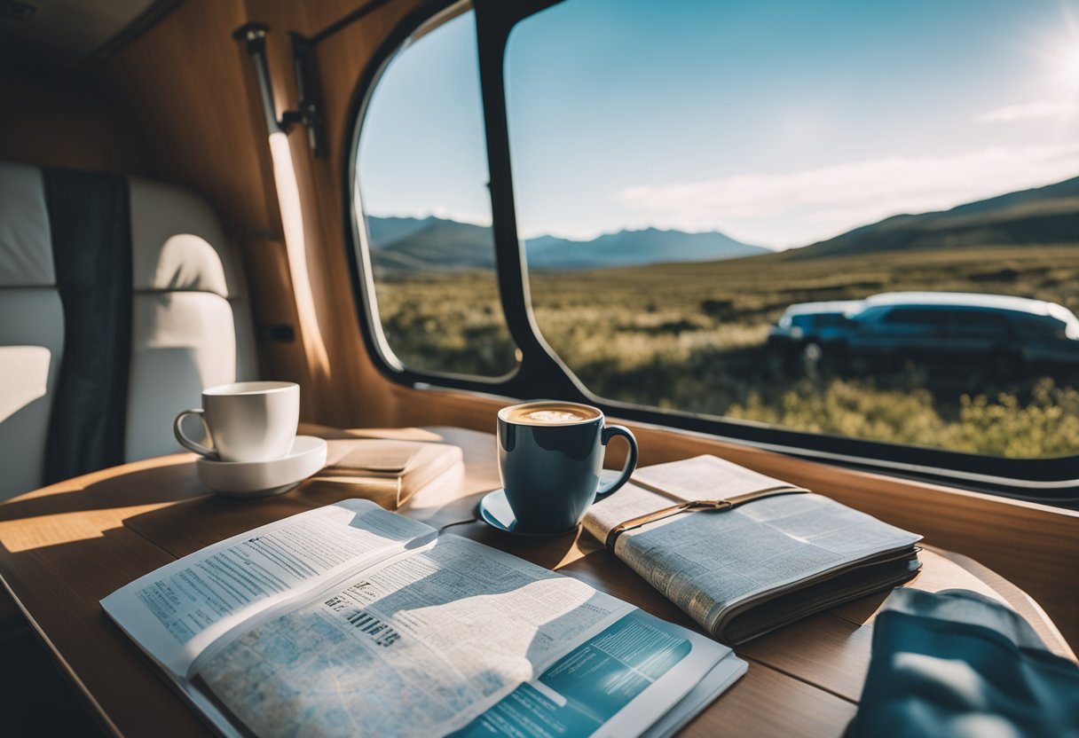 A cozy RV interior with a laptop on a fold-out table, surrounded by travel guides, a map, and a cup of coffee. Outside, a scenic view of nature and a clear blue sky