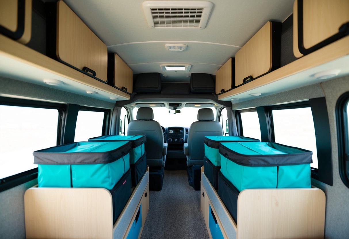 A compact RV interior with neatly organized collapsible storage bins tucked away in various nooks and crannies