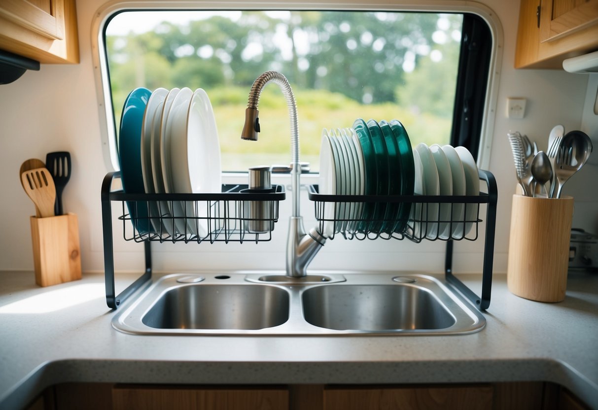 A compact over-the-sink dish rack holds drying dishes and utensils in a cozy RV kitchen