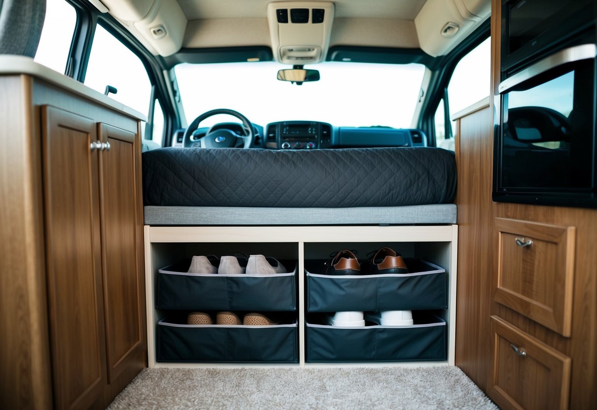 A compact RV interior with a neatly organized under-bed shoe organizer, maximizing space