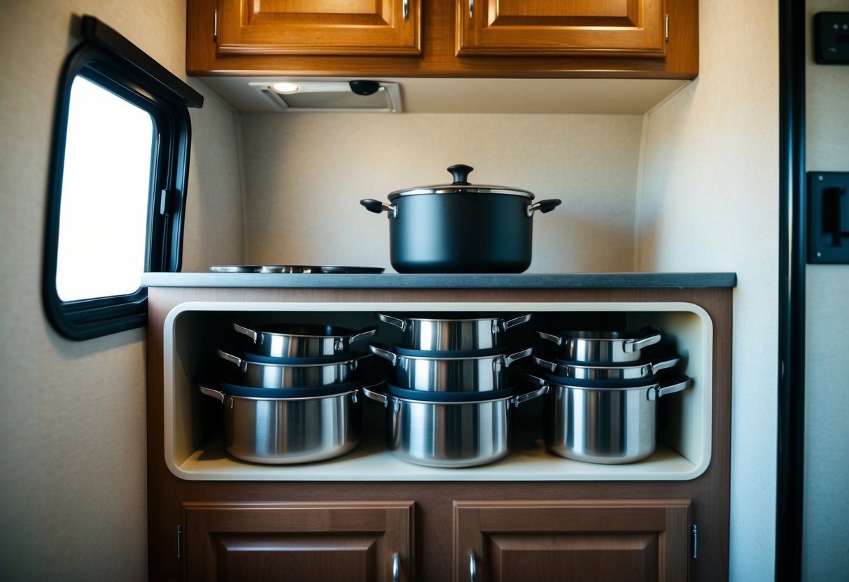 A compact RV kitchen with nestable pots and pans neatly organized in a small space-saving cabinet