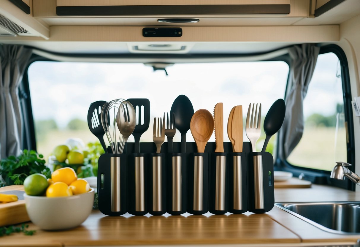 Foldable kitchen utensils neatly arranged in a compact RV kitchen, with clever storage solutions maximizing space