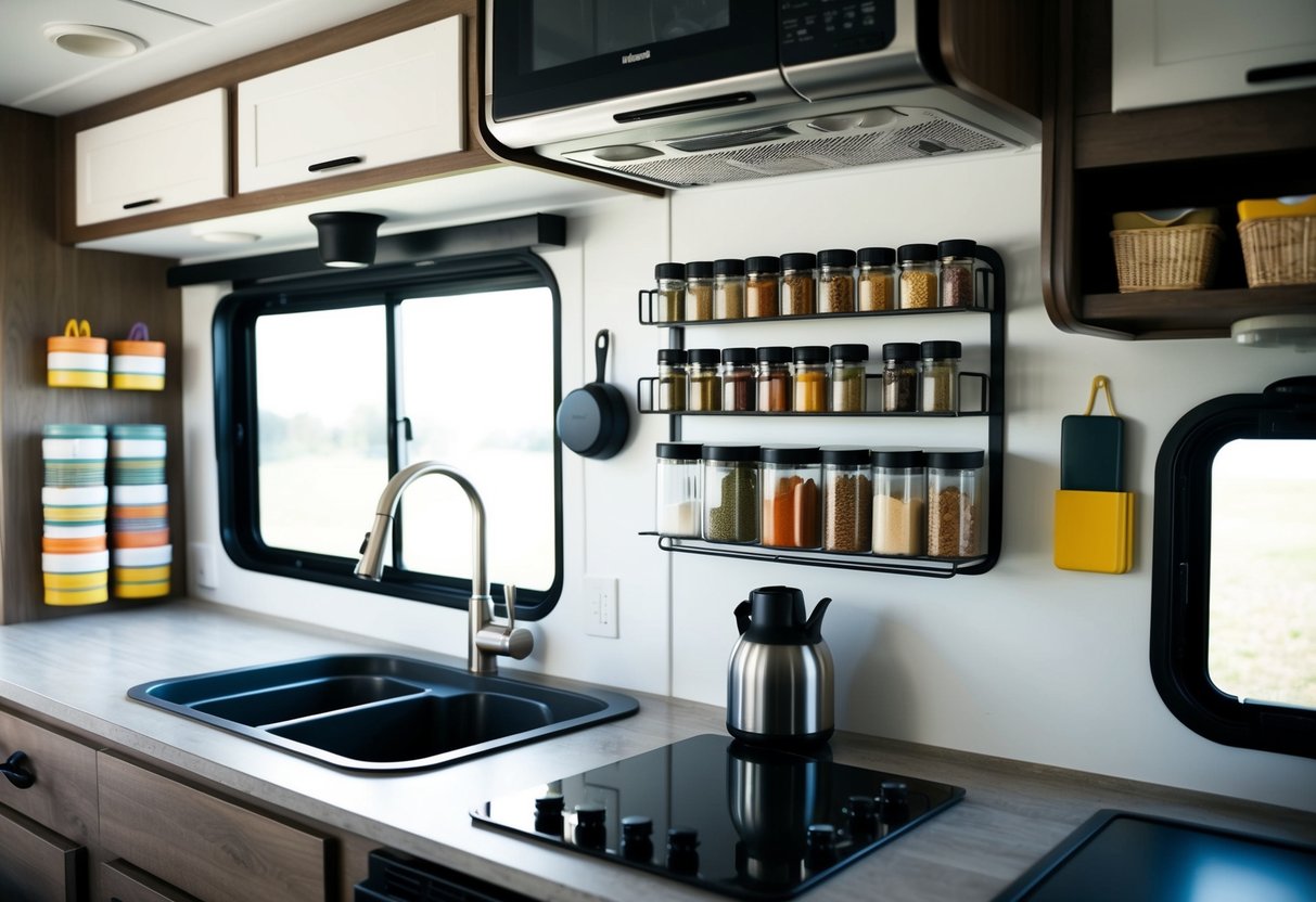 A compact RV kitchen with a magnetic spice rack attached to the wall, surrounded by space-saving hacks like collapsible containers and hanging organizers