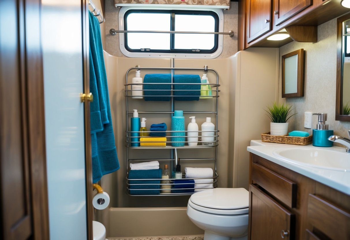 A small, cluttered RV bathroom with a tension rod shower storage unit holding various toiletries and towels, maximizing space